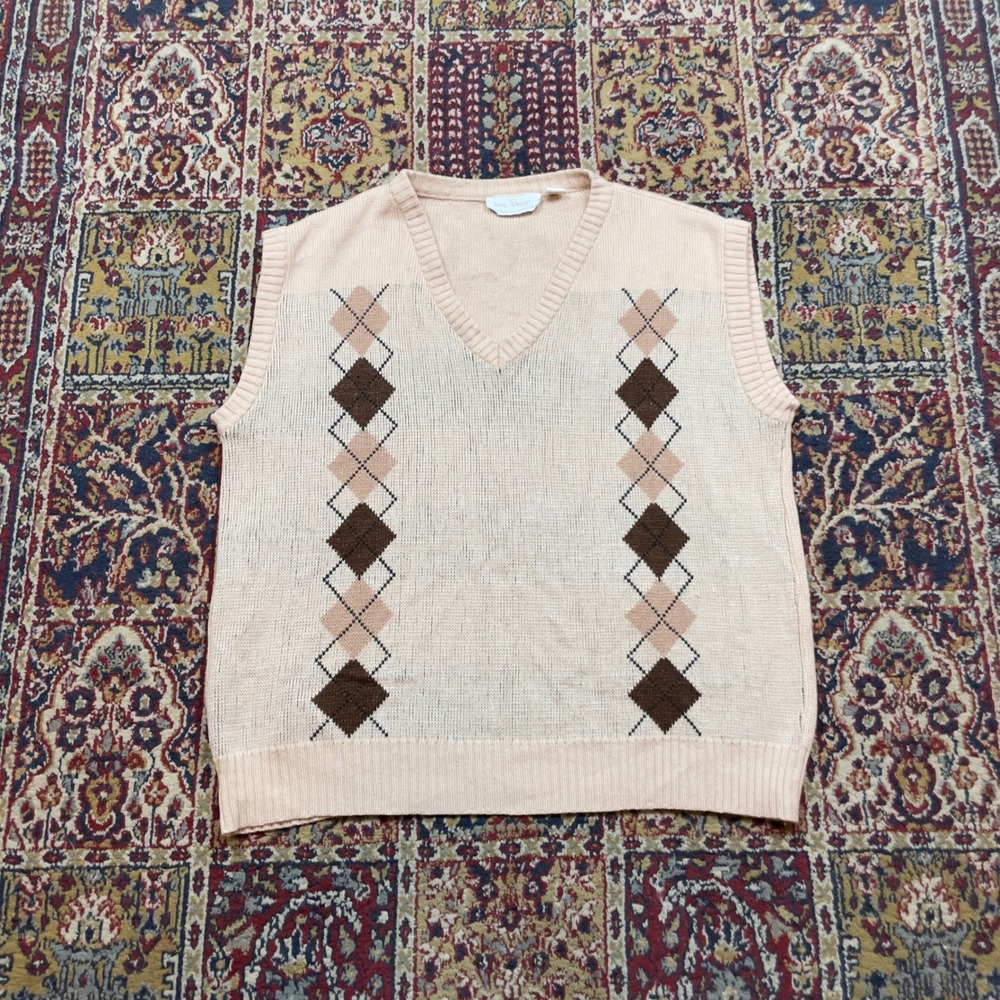 VTG 80s 90s Rob Winter‎ Mens Beige Argyle V Neck Sleeveless Sweater Vest Size L